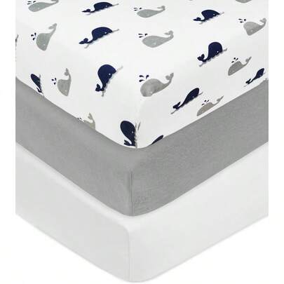 3 Pack Printed 100% Cotton Jersey Knit Fitted Crib Sheet For Standard Crib And Toddler Mattresses Navy Whale/Gray/White For Boys And Girls