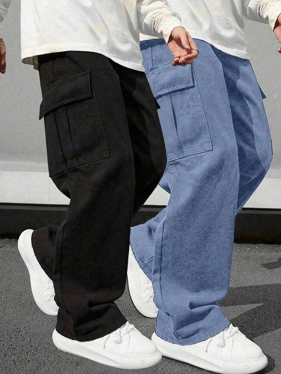 2条装青少年男童休闲运动户外工装裤，带大口袋，春秋季 - 霧霾藍 - 查看 1