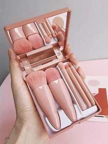 5 Stücke tragbares Mini Make-up Pinsel Set mit Spiegel, professionelle Schönheitstools, weiche Fasern und Lidschatten Pinsel, Kunststoff, ohne Strom, ohne Federn