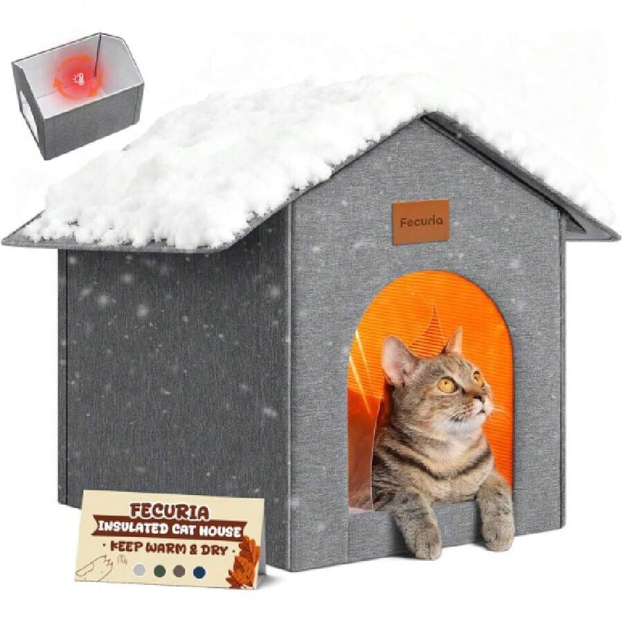Insulated Outdoor Cat House Weatherproof, Winter Cat Houses For Outdoor Cats With Heated-Foil, Waterproof Stray Cat Shelter With Door Curtain And Warat, Easy To Assemble, Grey,28012847 - 灰色 - 查看 1