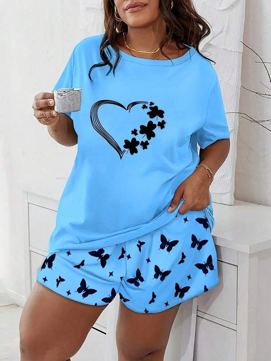 Lässiges 2-teiliges Set in Große Größen, Damen Herz-Kleeblatt-bedrucktes, locker sitzendes Kurzarm-Rundhals-T-Shirt und Schmetterlingsprint-Shorts Loungewear Pyjama Set, Outfits, kühles Hellblau - Blau - Übersicht 1