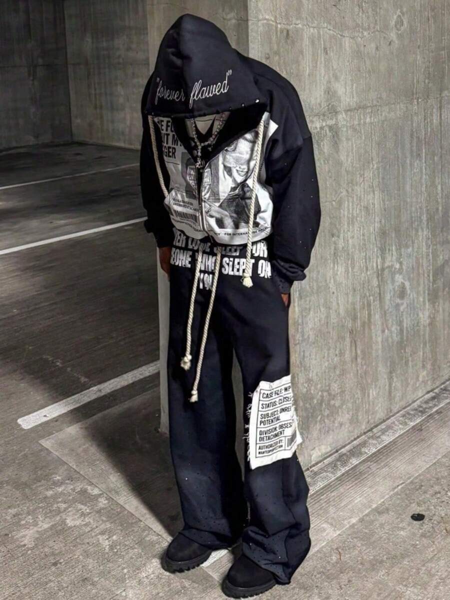 Men's High-Street Dark-Style Pants With Patchwork Embroidery Hoodie Design Relaxed-Fit Casual Pants Sweatshirt - Đầu đen - Xem 1