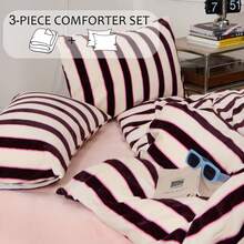 Luxury Queen Comforter Set Brown Stripes Velvet Feel Milk Fleece Comforter Queen Modern Style Striped Beding With 250g Microfiber Filling Lightweight 3 Pcs Boho Bedding Quilt Farmhouse Striped Fluffy Bed Set 1 Comforter 2 Pillowcases - Brown - View 3