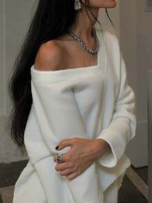 Women's Elegant Knitted Sweater Set, Loose Pullover And Solid Color A-Line Skirt 2-Piece Outfit, Autumn/Winter - White - View 5