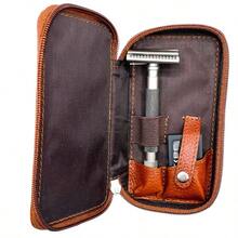Leather Double Edge Safety Razor Zippered Travel Case With Compartment For Blades Too - From S...