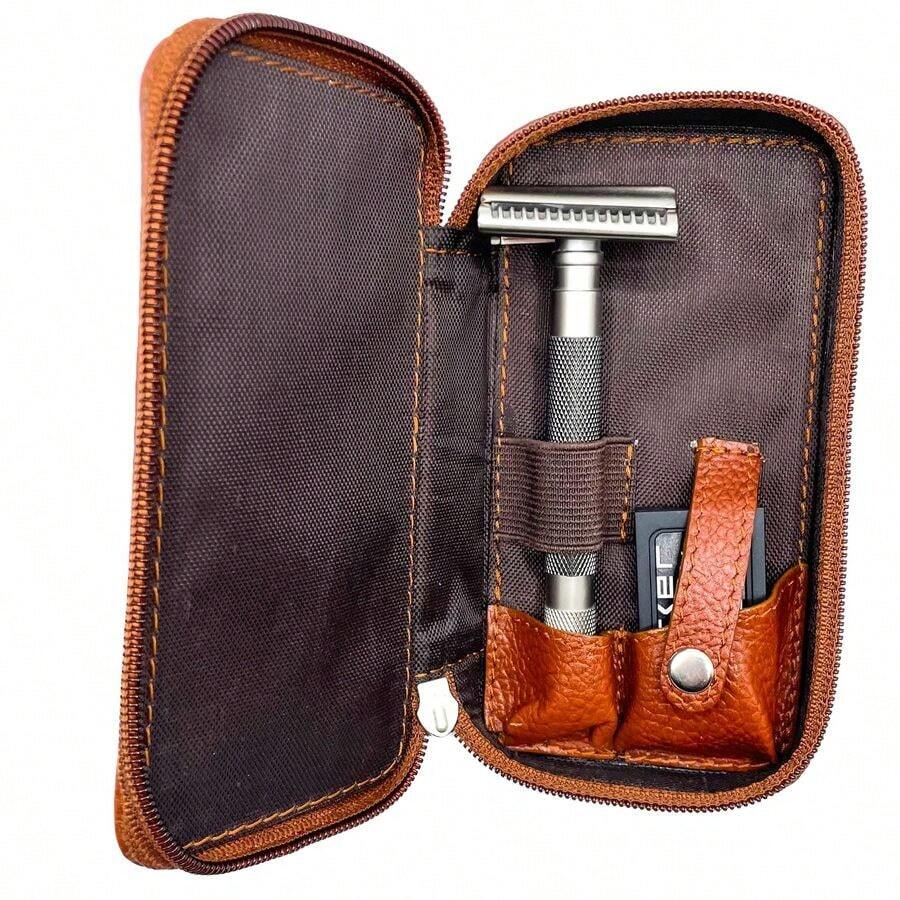 Leather Double Edge Safety Razor Zippered Travel Case With Compartment For Blades Too - From S...