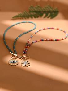 1pc Colorful Artificial Turquoise Necklace, Evil Eye Pendant Necklace, Vintage Beaded Choker Necklace, Unique Jewelry (Bead Color Randomly Assorted) - Necklace - View 2