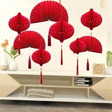 3个/5个装 悬挂流苏水滴蜂窝球和流苏纸扇装饰，适用于情人节、母亲节、周年纪念日、新年、生日、家庭聚会装饰（红色） - 彩色 - 查看 4