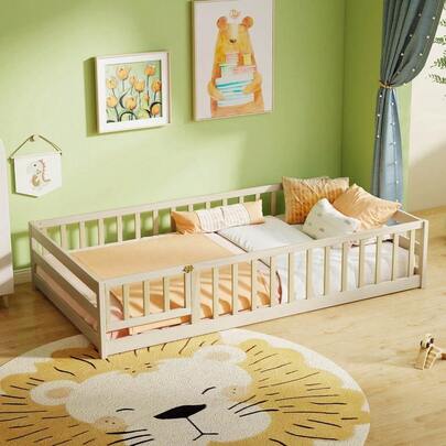 Twin Size Floor Bed With Door & Fence With Safety Guardrails & Slats Support
