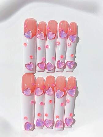 10片可爱Y2K超长棺材形白色和粉色酷女孩法式手工按压式美甲贴片，带有激光心形和粉钻装饰；美甲用品，自制美甲DIY按压式美甲贴片，美甲艺术亚克力假指甲；适合节日、派对、日常佩戴；包含1张果冻胶和1个迷你指甲锉。