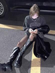 Women's Winter 2025 Autumn/Winter New Distressed Grey Oversized Letter Knit Sweatshirt, Loose Dropped Shoulder Street Graphic Print Night Out Casual Sports Top, Dark Aesthetic - Grey - View 4