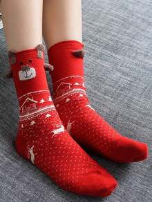 6pcs Women's Santa Claus, Snowman, Reindeer Red Christmas Mid-Calf Socks, Suitable For Christmas Outfits - Multicolor - View 4