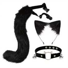 3pcs/Set Faux Fur Cat Ears, Wolf/Fox Tail & Collar Set For Cosplay, With Bells - Red/Black Fluffy Tail, Faux Leather Collar Necklace, Suitable For Roleplay, Theme Parties, Anime/Manga Costumes (Adjustable, Fits Multiple Sizes) - Multicolor - View 8