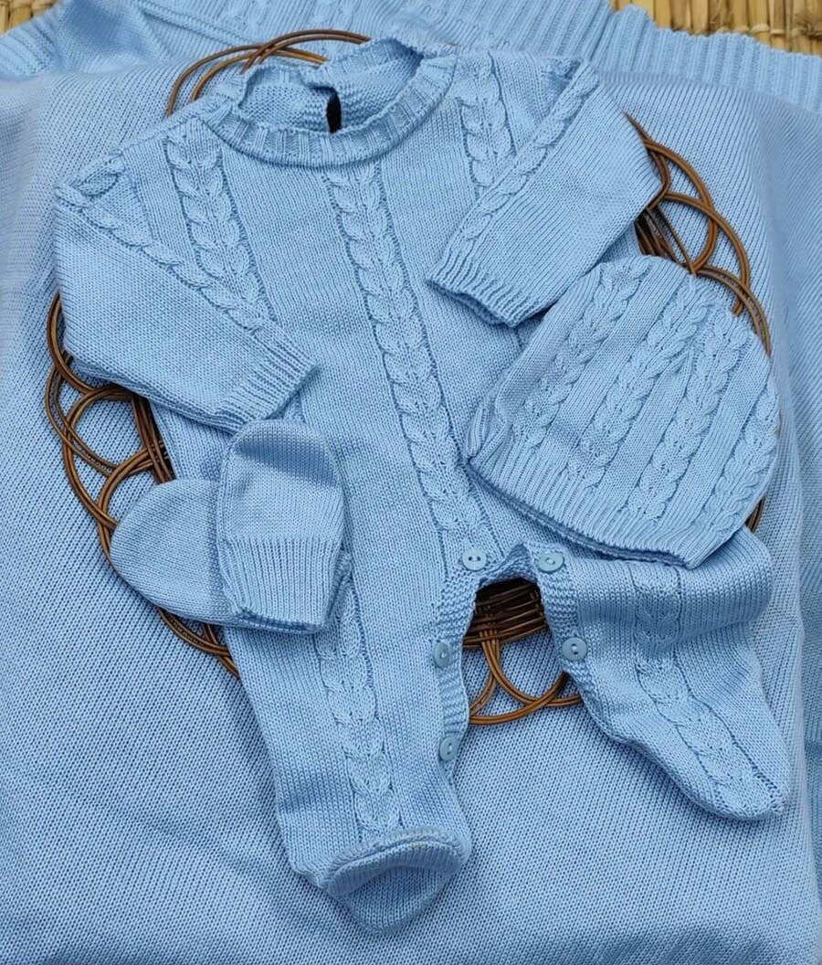 Complete Knitted Baby Outfit - , Blanket, Hat, And Mittens - 天藍色 - 查看 1