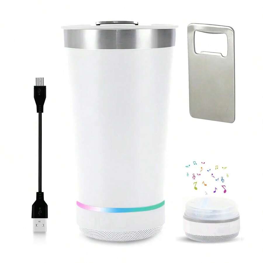 Vaso Termo De Acero Inoxidable Con Bocina Bluetooth y Destapador 473ml Luz Led Para Cafe Agua Fria/Caliente Portatil - Blanco - Ver 1