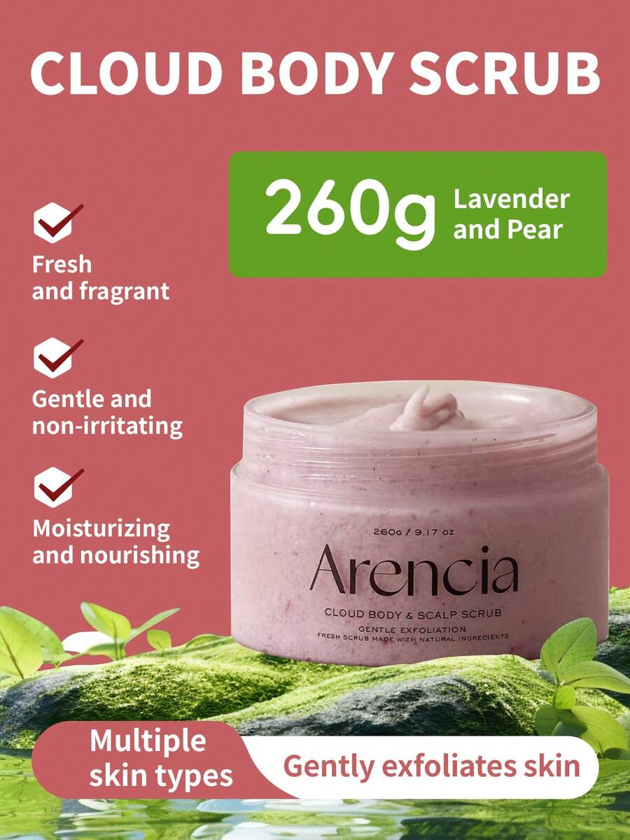 1瓶260克Arencia身体磨砂膏，蕴含细盐颗粒+植物萃取精油，质地轻盈如云，舒缓持久，适合敏感肌肤，每日沐浴放松使用。 - 260g - 薰衣草和梨 - 查看 1