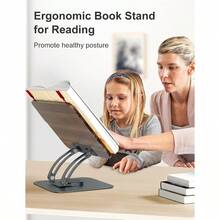 Book Stand For Reading Adjustable Book Holder With 360° Swivel Base Foldable Cookbook Stand Recipe Book Holder With Elastic Page Clips For Music Scores Recipe Magazines Laptop - Gray - View 2