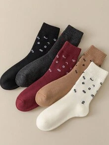 5双装女士加厚船袜，保暖隔热内衬，带数字图案，冬季舒适袜 - 彩色 - 查看 4