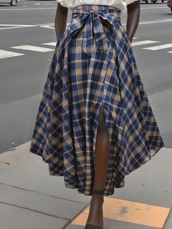 大码格子印花扭结休闲百搭不对称下摆半身裙