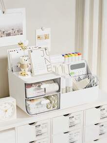 1pc Vertical Desktop Storage Box, Plastic Office Desk Organizer With Drawers - Office Stationery Rack, Cosmetic Storage Solution - Lightweight, Floor-Standing