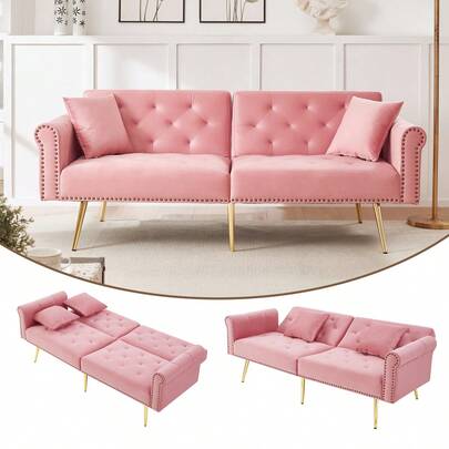 Sofa Bed With Bed Function, Adjustable Angle, Gold Legs, With Pillows And Side Storage Pockets