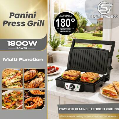 SUPERLEX 4-In-1 Sandwich Maker, Panini Oven, Waffle Maker, Panini Oven, Donut Pan, Nut Pan, Cake Pan, Electric Indoor Grill With Easy-Clean Coating, Equipped With Non-Stick Cooking Plate For Easy Cleaning, Stainless Steel And Aluminum Baking Tray, Equipped With Precise Temperature Control System, With Anti-Scalding Handle, Suitable For Making Kitchen Breakfast Sandwiches, Steak, Seafood And Various Grilled Meats 1800W