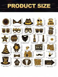 1个2026新年纸质相框 + 30个手持拍照道具，新年主题黑金彩色趣味帽子、眼镜、胡子、领带、西装等拍照道具，派对装饰套装，新年礼物