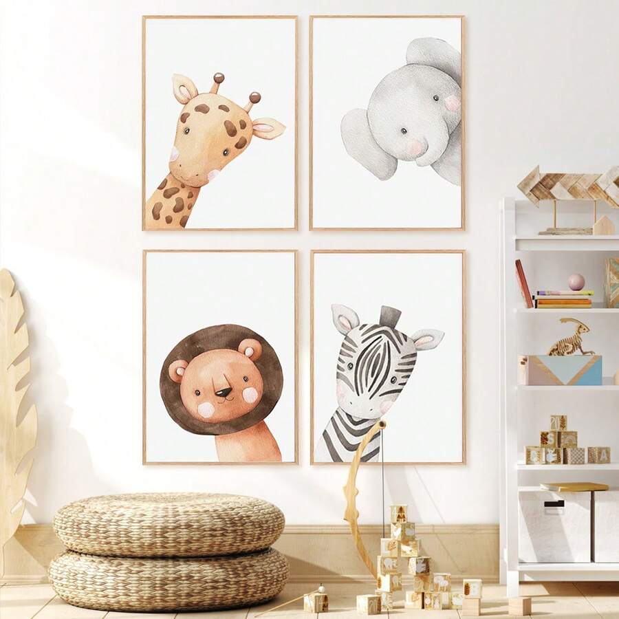 1pc, Canvas Wall Art, Framed Nursery Wall Art, Animal Motifs, Nursery Wall Decor, Plush Animals, Baby Animal Designs, Wildlife-Themed Nursery, Wildlife Patterns Nursery Wall Decor Suitable For Children's Room Decor, Nursery Decor, Parenting Room Decor, Kindergarten Decor, Boys' Room Decor/Girls' Room Decor, Playroom Decor Waterproof. Party Decor Gift - Multicolor - View 1