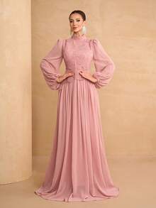 YISIKADO 3D立体花朵串珠雪纺连衣裙，长袖高领，优雅茶会礼服，适合婚礼宾客、毕业典礼、音乐会、宴会等春季场合穿着。 - 西瓜粉 - 查看 2