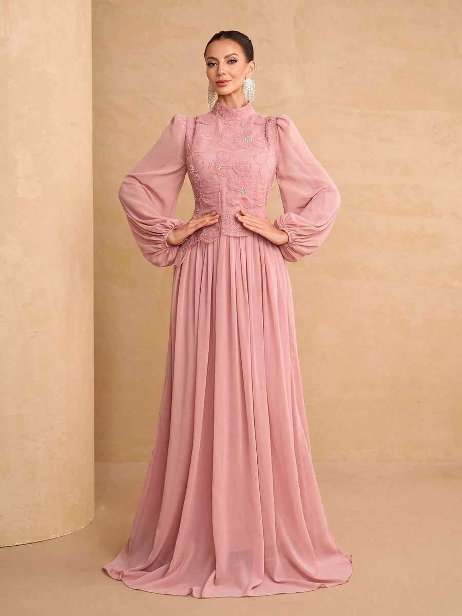 YISIKADO 3D立体花朵串珠雪纺连衣裙，长袖高领，优雅茶会礼服，适合婚礼宾客、毕业典礼、音乐会、宴会等春季场合穿着。