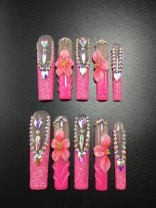 Each Set Includes 10 Pieces Of Handcrafted Y2K Coffin-Shaped Acrylic Nails In A French Design, Adorned With Rhinestones, Flower Petals, And Striped Patterns. Available In Multiple Tones And Nude Shades, With 3 Sizes To Fit. Perfect For Parties, Galas, And Daily Wear, And Comes With A Nail Tool Kit. An Ideal Gift For Women And Girls-Press-On Nails (Worn Nails).