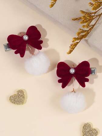 2个酒红色发夹，迷你素色丝绒蝴蝶结鳄鱼夹，白色绒球流苏发夹，可爱白色蓬松发卡，甜美温暖发夹，青少年发饰