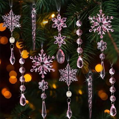 18-Piece Christmas Ornament Set, Christmas Tree Decorations, Crystal Christmas Ornaments, Hanging Acrylic Snowflakes And Icicles With Ribbon.