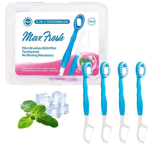 10 Piezas Mini Cepillos-Cepillos de dientes desechables con pasta de dientes, pasta de dientes + raspadores de lengua + hilo dental + palillo para el trabajo o viaje, envueltos individualmente para el trabajo o viaje