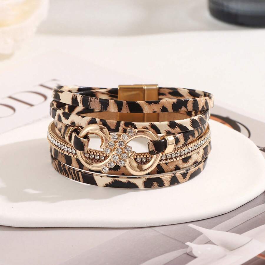 1PC Fashion Multi-Layer PU Leather Leopard Print Bracelet For Women Wireless Symbol Geometric Bangle Jewelry For Daily Wear - 12-3623 Xanh lá cây - Xem 1