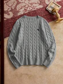 男士休闲宽松针织长袖毛衣，时尚日常穿着 - 灰色 - 查看 1