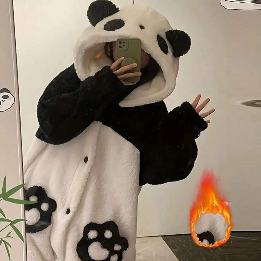 女士舒适连帽可穿戴毯,带口袋 - 可爱熊猫图案,长袖设计,纽扣前襟,适合秋冬季节,感恩节、圣诞节、情人节、母亲节的理想礼物,舒适家居服 | 可爱动物印花 | 柔软质地,熊猫主题礼物 - 黑與白 - 查看 1