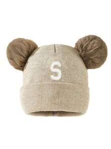 1顶A-Z字母针织新生儿帽，儿童针织帽，双层加厚婴儿针织帽，男女宝宝通用，弹性帽带，适合0-3岁幼儿，生日礼物，适合冬季和春季，冬季保暖，双绒球可爱儿童针织帽