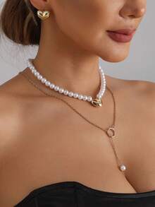 4-Piece Set Of Fashionable And Simple Baroque Faux Pearl Metal Heart Necklace With Adjustable Fine Chain Necklace, Women's Fashionable Jewelry, Suitable For Banquets Parties Daily Dates Commuting Wear