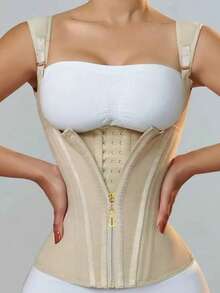 Corset modelator pentru femei | Bretele reglabile pentru umeri și suport cu țesătură osoasă | Lenjerie modelatoare cu compresie dublă, închidere cu fermoar | Material latex neted, negru, la modă | Vestă modelatoare pentru abdomen, îmbunătățește silueta și talia, articol vestimentar modelator | Etanșare sigură cu fermoar | Lenjerie modelatoare abdominală - Bej - Vizualizare 4