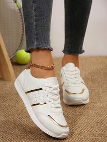 白色平底休闲运动鞋 系带帆布鞋 学院风低帮百搭休闲鞋 优雅休闲时尚一脚蹬跑步鞋 - 白色 - 查看 2