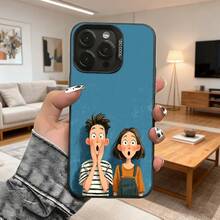 Cubierta de teléfono con diseño de personajes animados azul con ilustración de pareja sorprendida para uso diario en casa Aplicable a teléfonos Apple y Galaxy - Negro - Ver 2