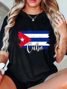 100_ Cotton Casual Tshirt Cuban Flag Tshirt, Cuban Maps, Cuban Tshirts For Women And Men T-Shirt.Jpg Ladies' Printed Shirts, Ladies' Tops, And Printed Short-Sleeve Shirts. Vintage Graphic Casual Short Cotton Shirt Featuring Vintage Art Prints, Humorous Streetwear, And A Spacious And Comfortable Summer Top. - 黑色 - 查看 1