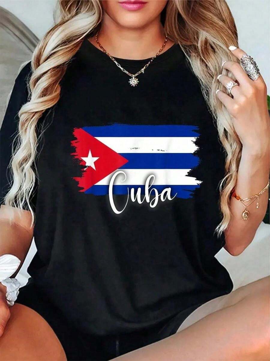 100_ Cotton Casual Tshirt Cuban Flag Tshirt, Cuban Maps, Cuban Tshirts For Women And Men T-Shirt.Jpg Ladies' Printed Shirts, Ladies' Tops, And Printed Short-Sleeve Shirts. Vintage Graphic Casual Short Cotton Shirt Featuring Vintage Art Prints, Humorous Streetwear, And A Spacious And Comfortable Summer Top. - 黑色 - 查看 1