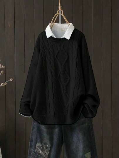 大码女式休闲纯色圆领毛衣，秋冬季