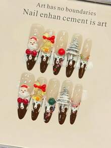 10 piezas de uñas postizas hechas a mano, uñas ovaladas largas y puntiagudas, en colores marrón, nude, rojo, francesas, con lunares, 3D de Papá Noel, árbol de Navidad, anillo, lazo, nieve y crema, uñas elegantes, lindas y lujosas para Navidad, otoño, fiestas, uso diario y citas, aptas para playa y viajes tropicales, suministros de arte de uñas DIY adecuados para mujeres y niñas como regalo