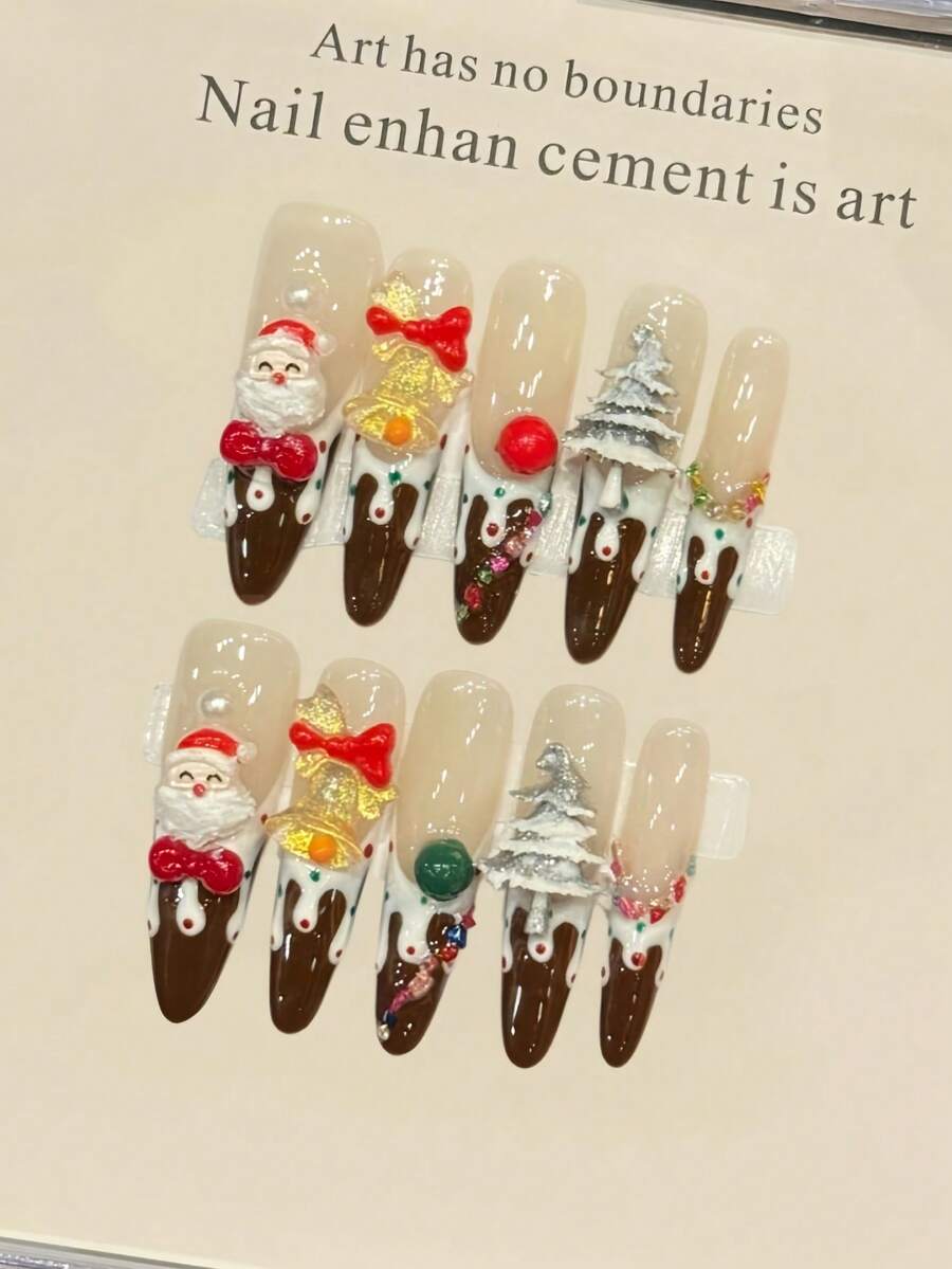 10 piezas de uñas postizas hechas a mano, uñas ovaladas largas y puntiagudas, en colores marrón, nude, rojo, francesas, con lunares, 3D de Papá Noel, árbol de Navidad, anillo, lazo, nieve y crema, uñas elegantes, lindas y lujosas para Navidad, otoño, fiestas, uso diario y citas, aptas para playa y viajes tropicales, suministros de arte de uñas DIY adecuados para mujeres y niñas como regalo