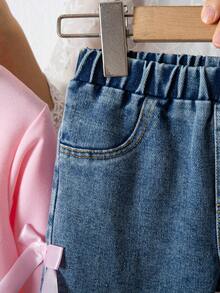 2pcs Baby Girls Autumn/Winter Pink Bow Print Long Sleeve Top + Denim Pants With 3D Bow Decor Set - Multicolor - View 6