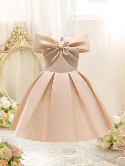 EHOMKIDS Vestido de fiesta de satén con hombros descubiertos y decoración de lazo para niña