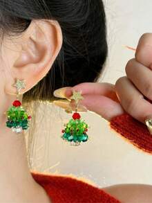 1 Pasang Anting Gantung Pohon Natal Kristal & Anyaman, Dekorasi Pesta Liburan yang Berkilau - Hijau - View 6